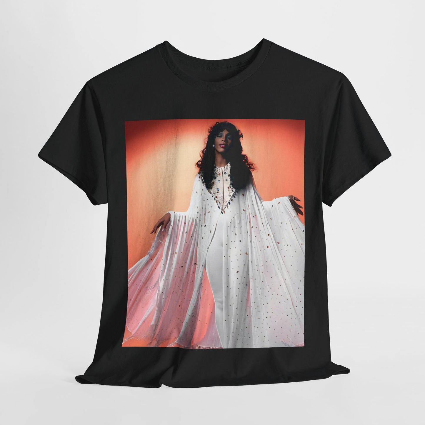 A black graphic t-shirt featuring a classic 70s disco graphic of Donna Summer.