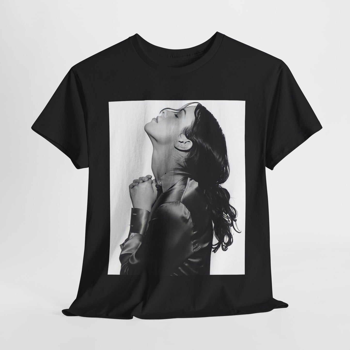 A black graphic t-shirt featuring a vintage black and white portrait of Alanis Morissette, showing her with a poised and thoughtful expression.