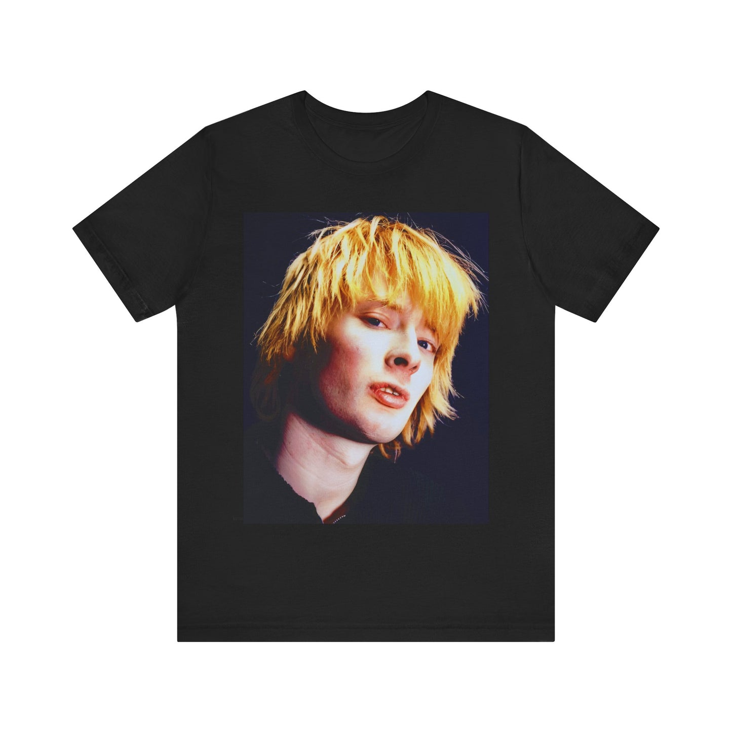 A black graphic t-shirt featuring an aesthetic graphic of Thom Yorke from Radiohead.