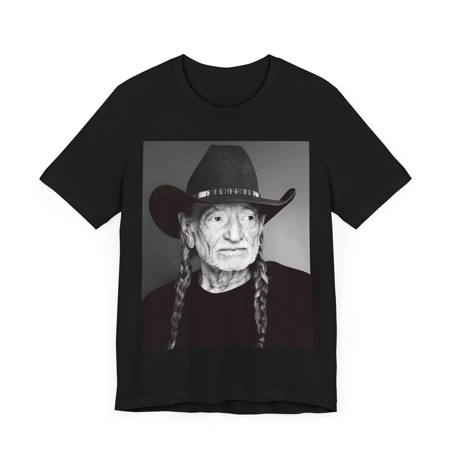 A black graphic t-shirt featuring a graphic of Willie Nelson with his iconic guitar 'Trigger'.