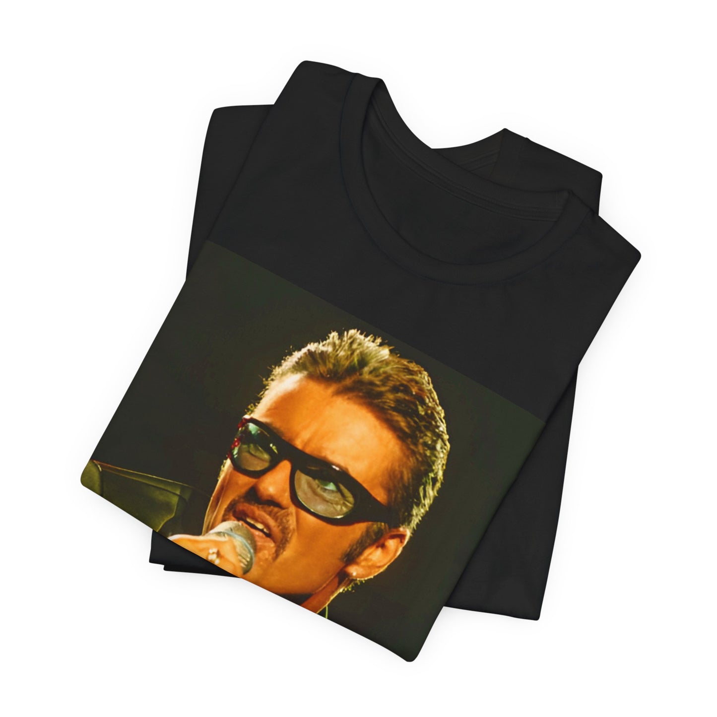 A black graphic t-shirt featuring a graphic related to George Michael's 'Freedom! '90' song.