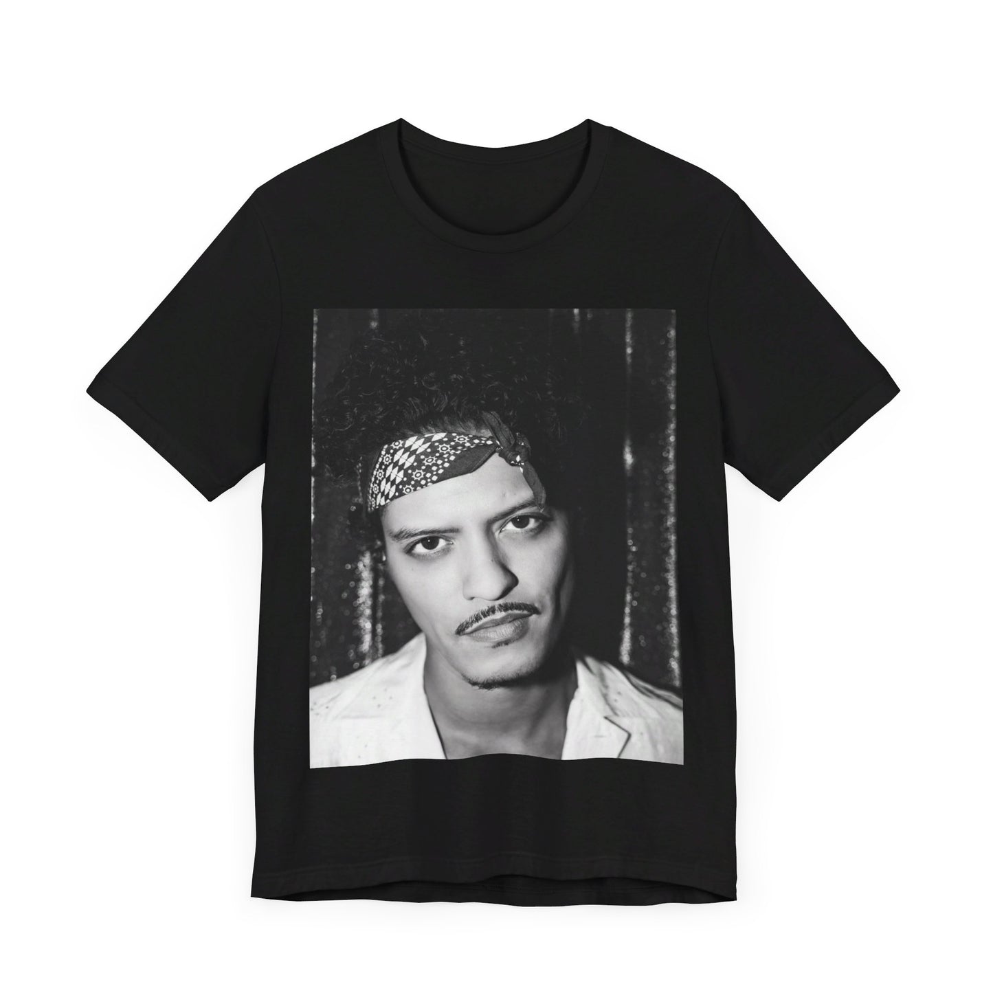 A black graphic t-shirt featuring a graphic of Bruno Mars with an old school groove aesthetic.