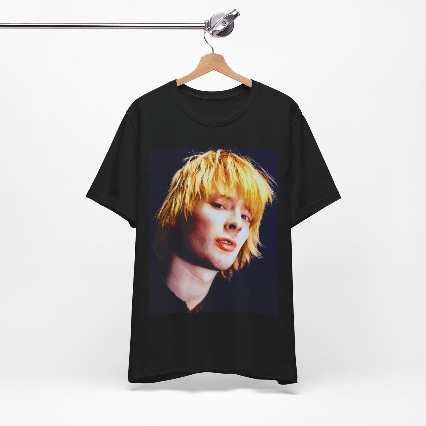 A black graphic t-shirt featuring an aesthetic graphic of Thom Yorke from Radiohead.