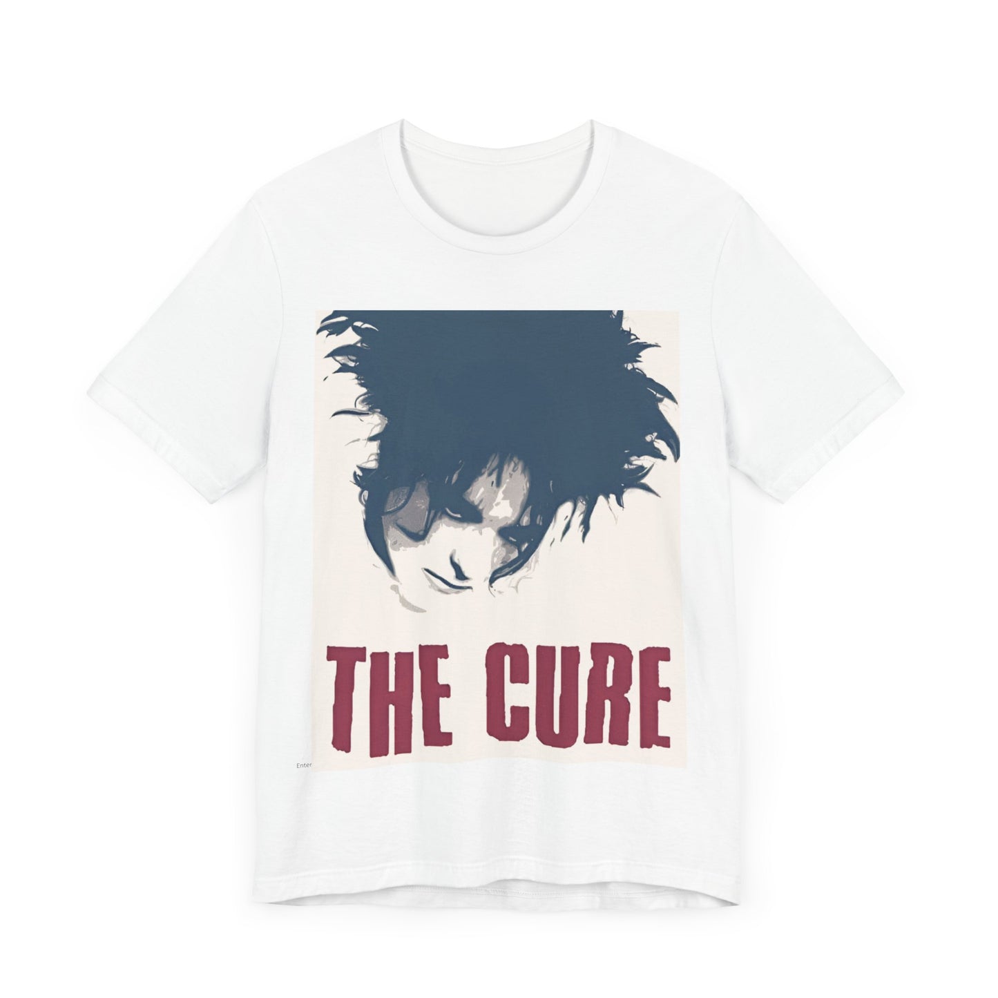 A black graphic t-shirt featuring a graphic related to The Cure's 'Boys Don't Cry' song or era.
