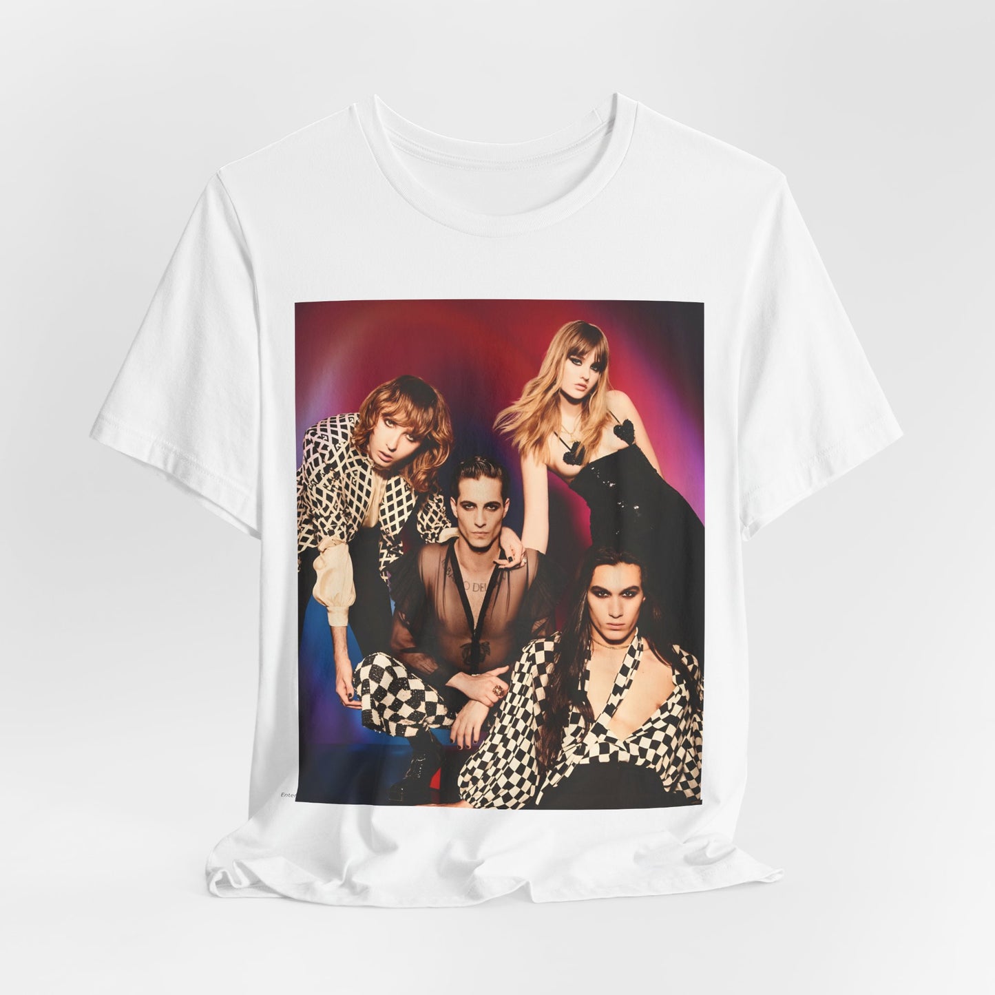 A black graphic t-shirt featuring a vintage glam rock graphic of Maneskin.
