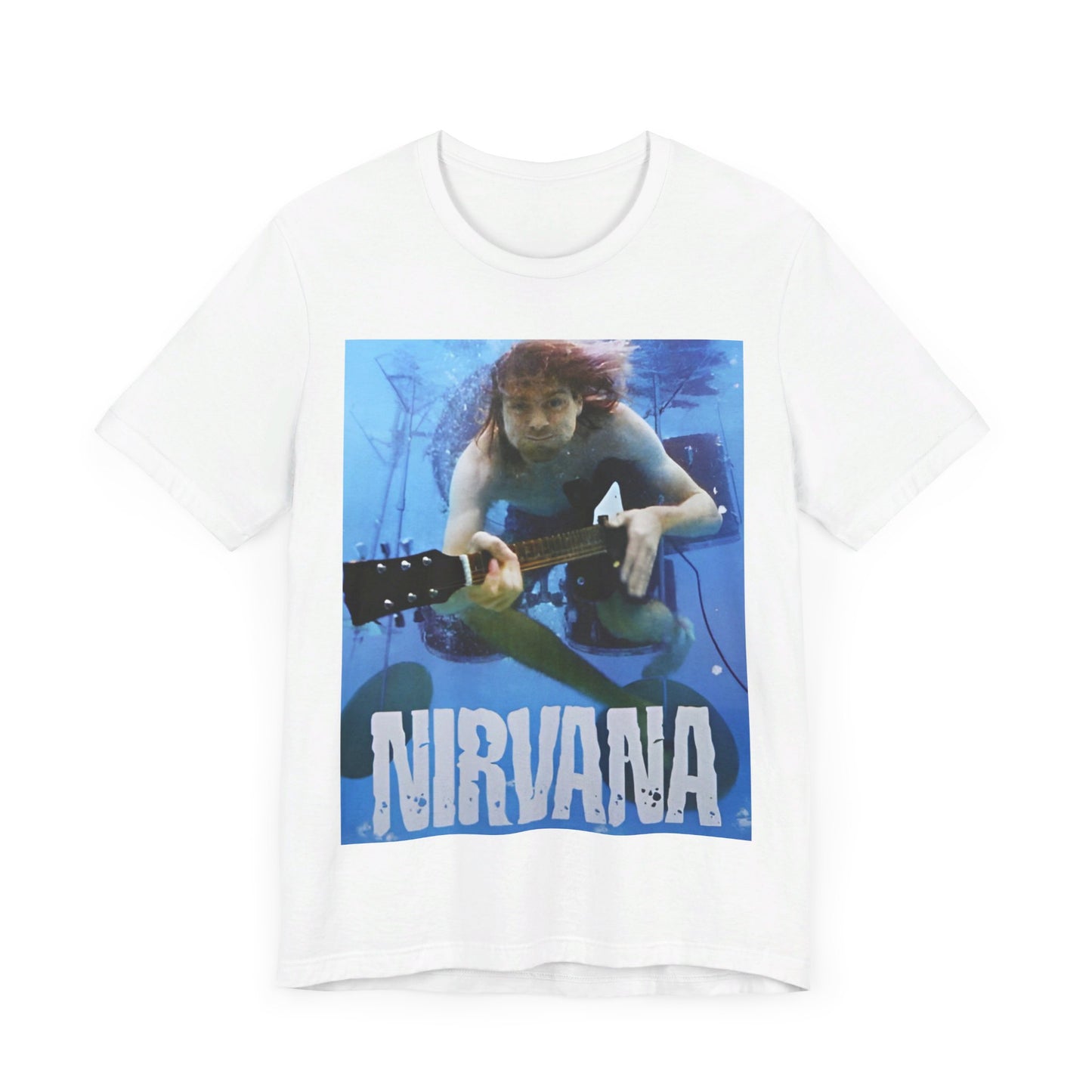 A black graphic t-shirt featuring a bold graphic related to Nirvana's 'Lithium' song or era.