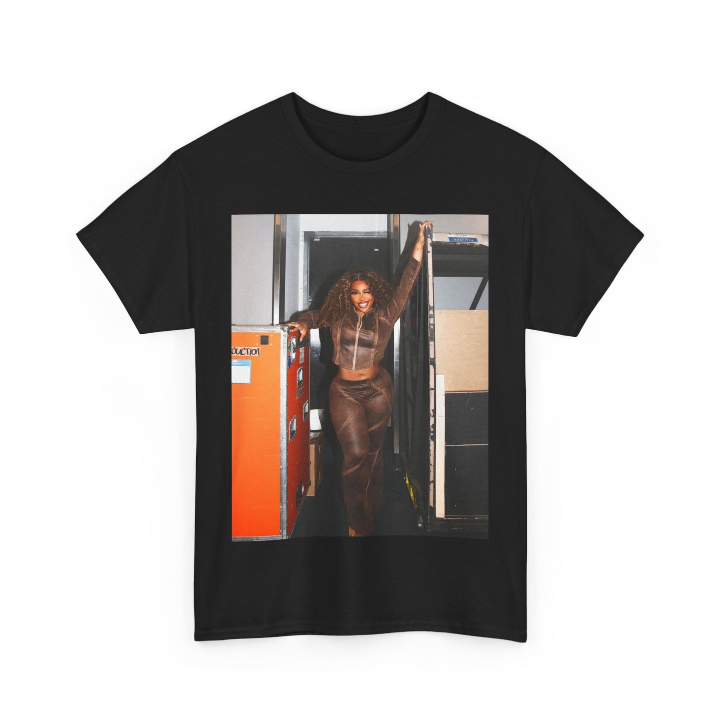 A black graphic t-shirt featuring a casual R&B fan graphic of SZA.