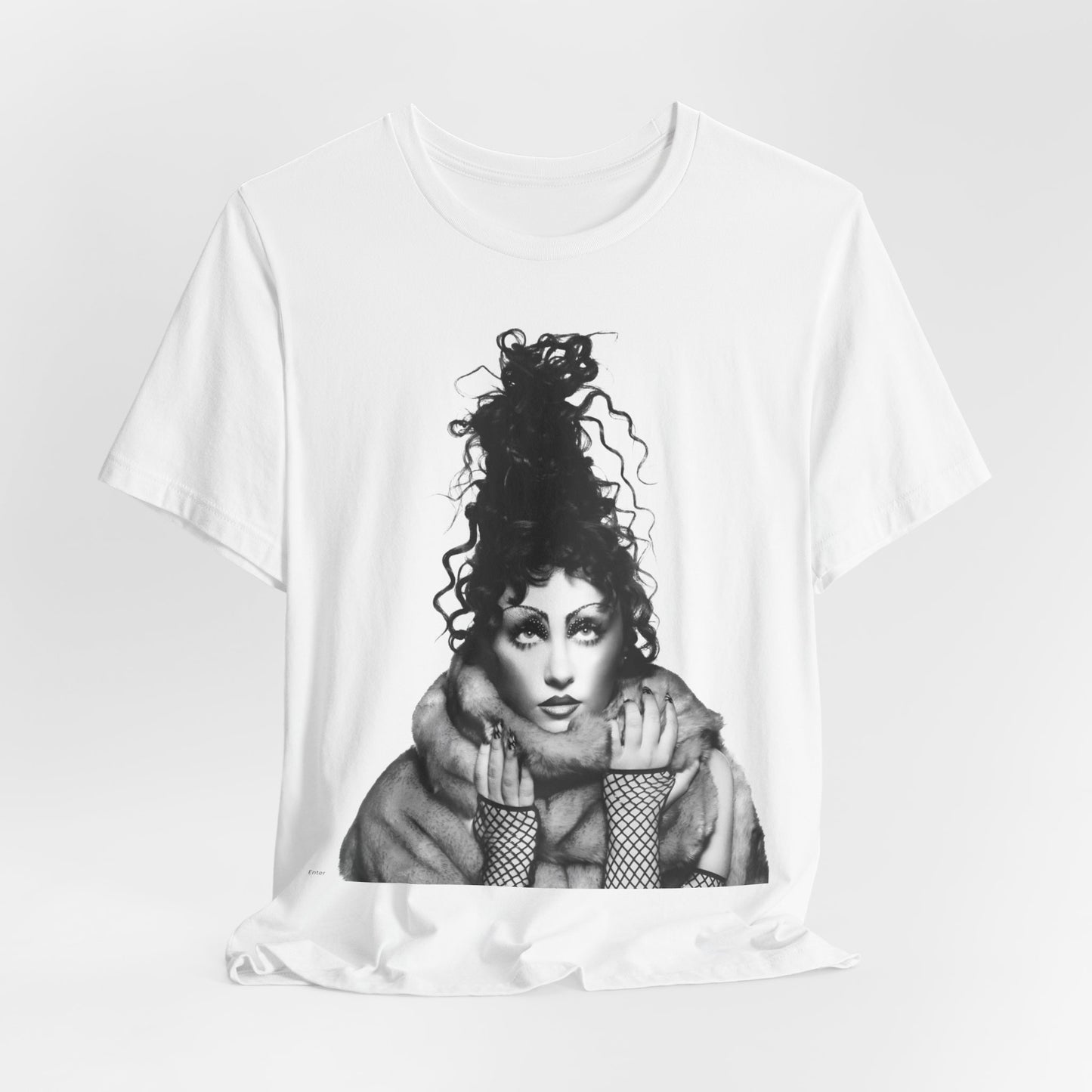 A black graphic t-shirt featuring a graphic of Chappell Roan as a pop diva.