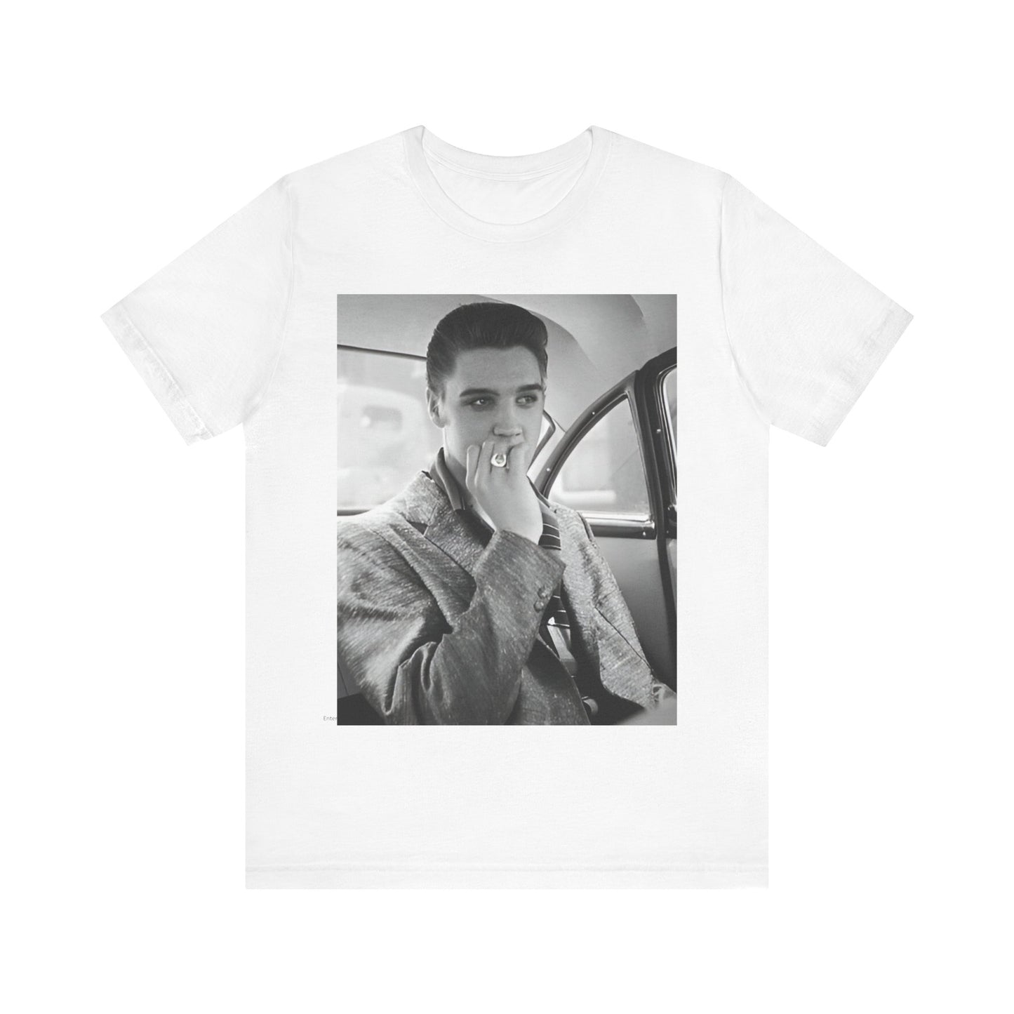 A black graphic t-shirt featuring a classic 50s era graphic of Elvis Presley.