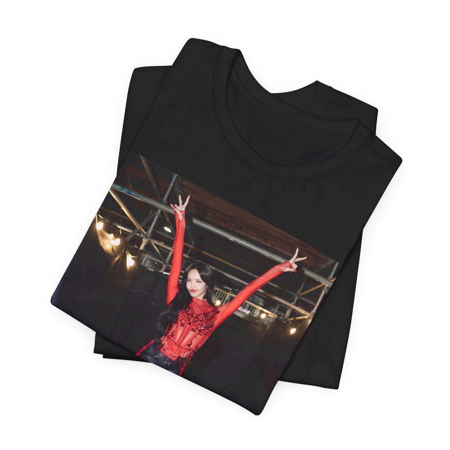 A black graphic t-shirt featuring a classic graphic of Lisa as a Blackpink rapper.
