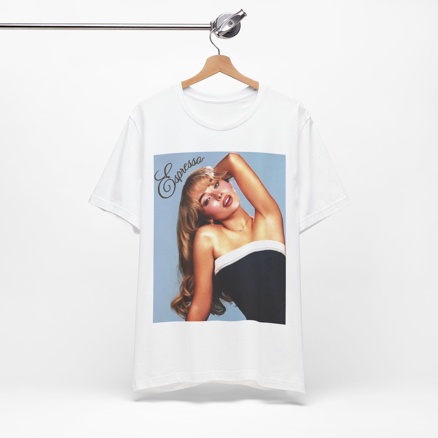 A black graphic t-shirt featuring a graphic related to Sabrina Carpenter's 'Espresso' song.