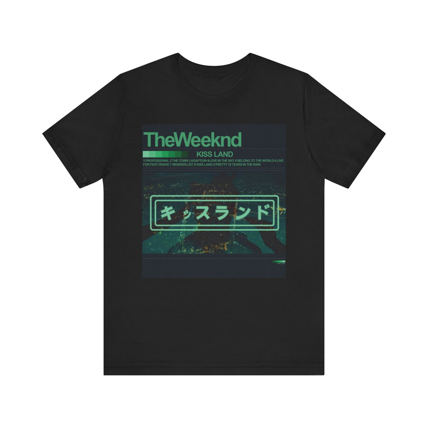 A black graphic t-shirt featuring a retro graphic related to The Weeknd's 'Kiss Land' album.