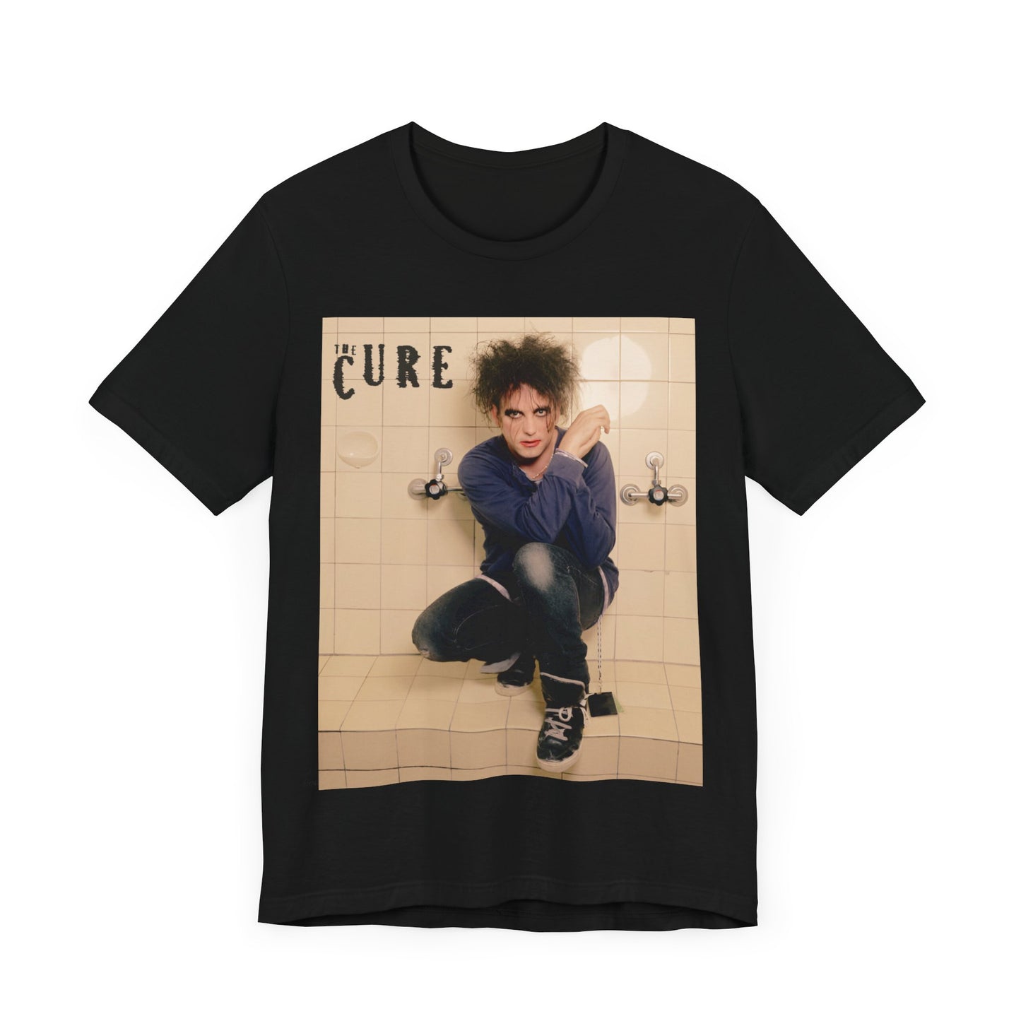 A black graphic t-shirt featuring a graphic related to The Cure's 'Friday I'm In Love' song or era.