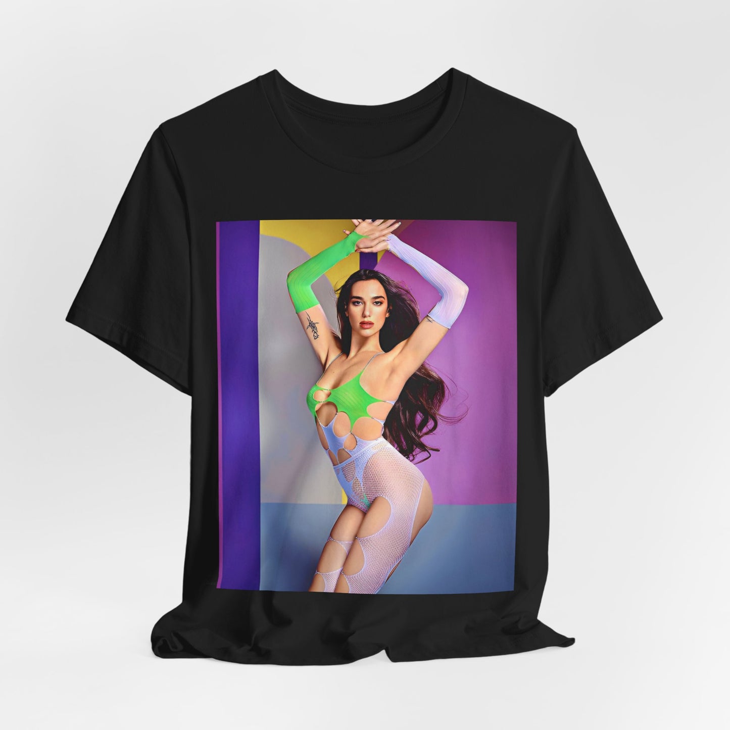 A black graphic t-shirt featuring a casual graphic related to Dua Lipa's "Future Nostalgia" era.