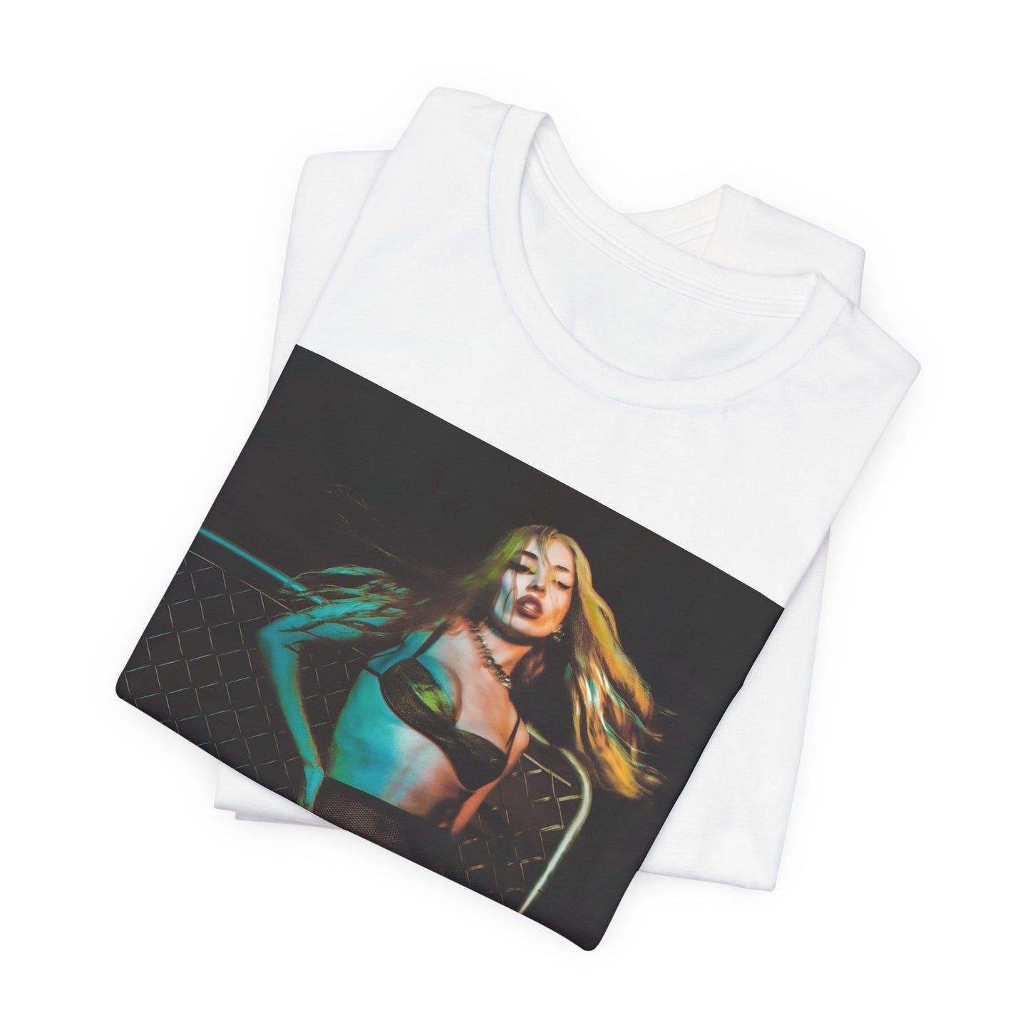A black graphic t-shirt featuring a neon pop art style graphic of Ava Max, with bright, glowing colors and possibly a 'Pop Queen' title.