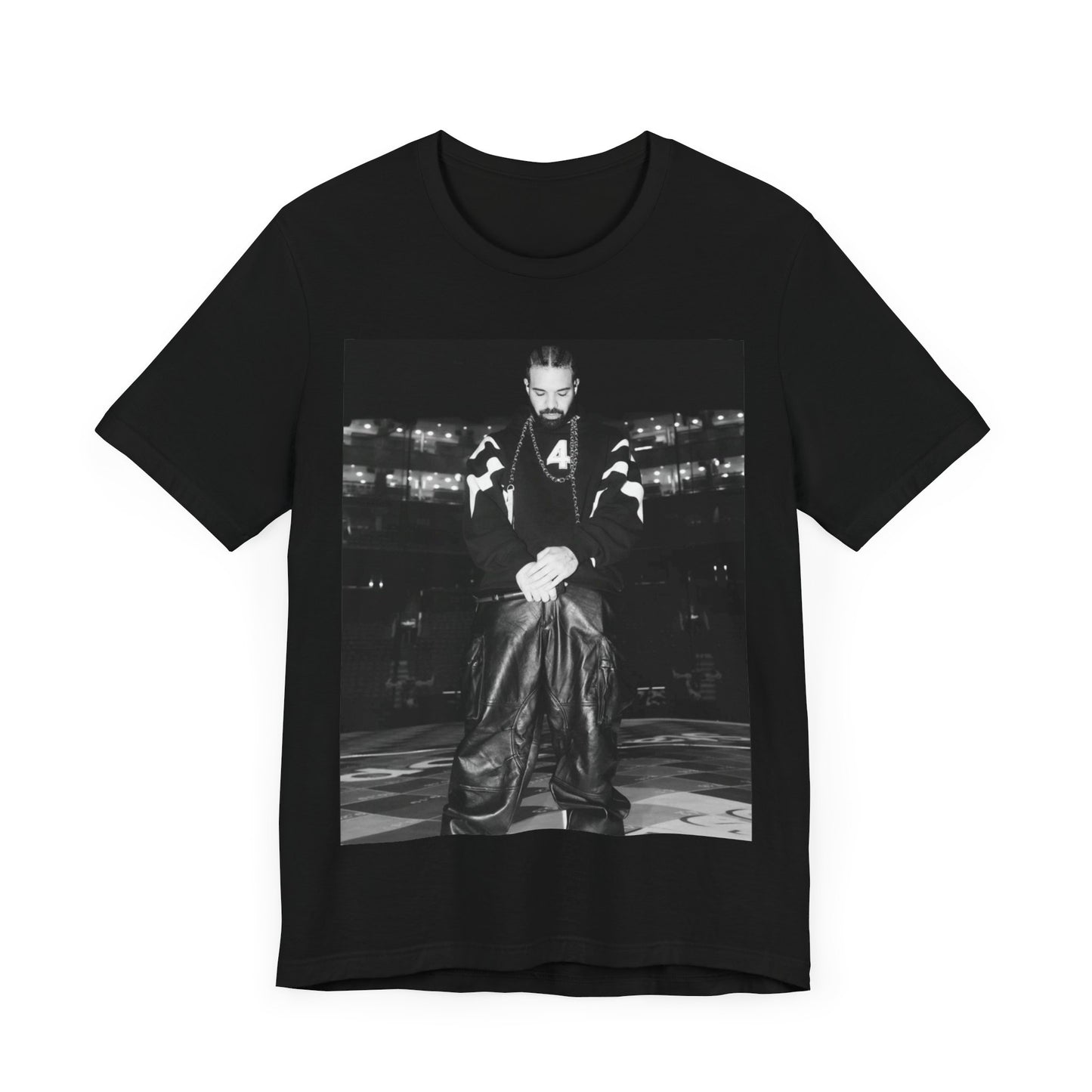 A black graphic t-shirt featuring a black and white aesthetic graphic of Drake, possibly with tour elements.