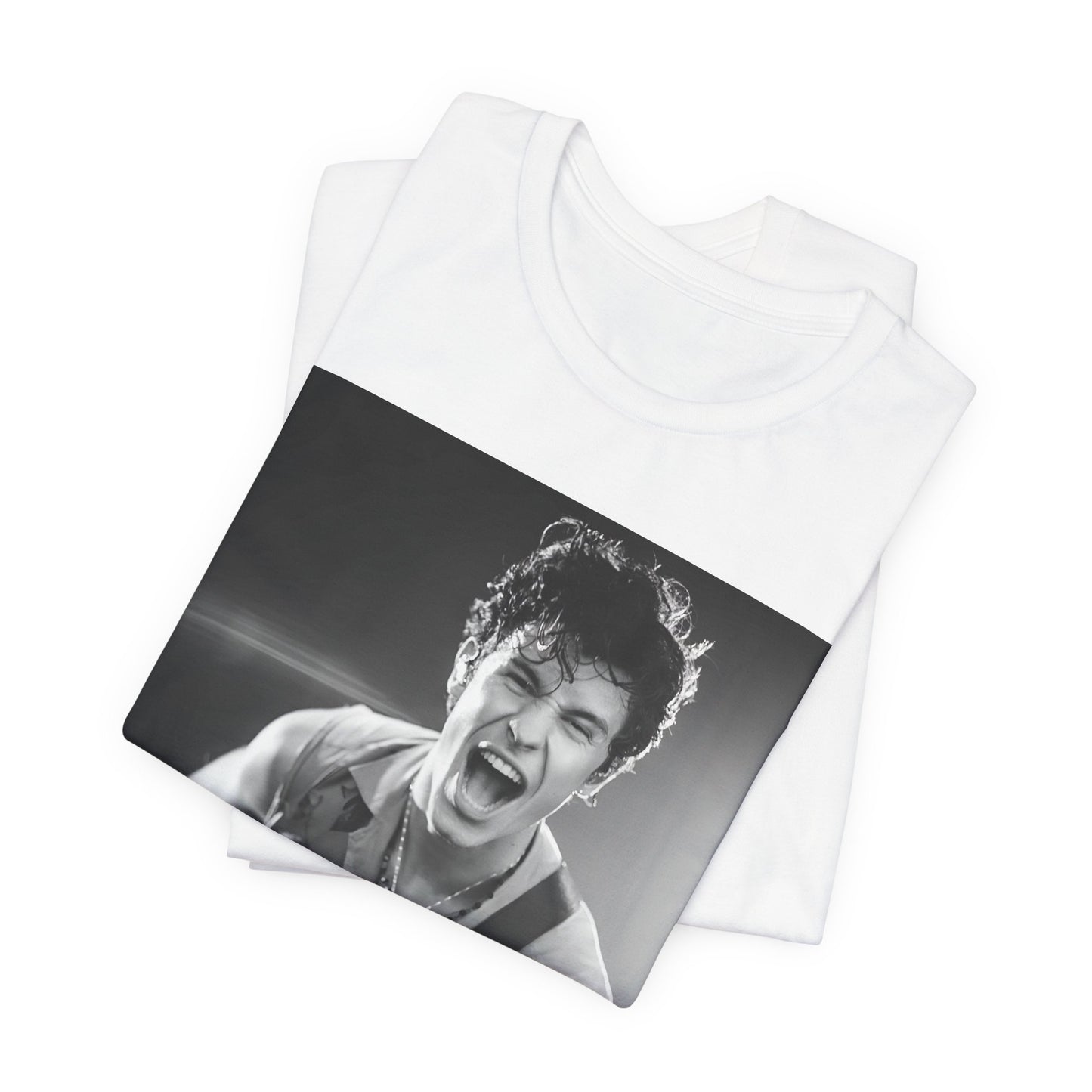 A black graphic t-shirt featuring a black and white photo of Shawn Mendes, emphasizing his charm.