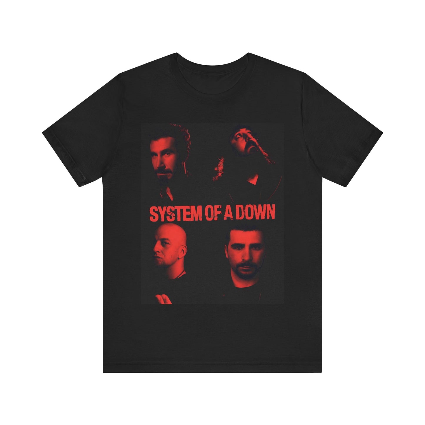 A black graphic t-shirt featuring a modern metal essential graphic of System of a Down.