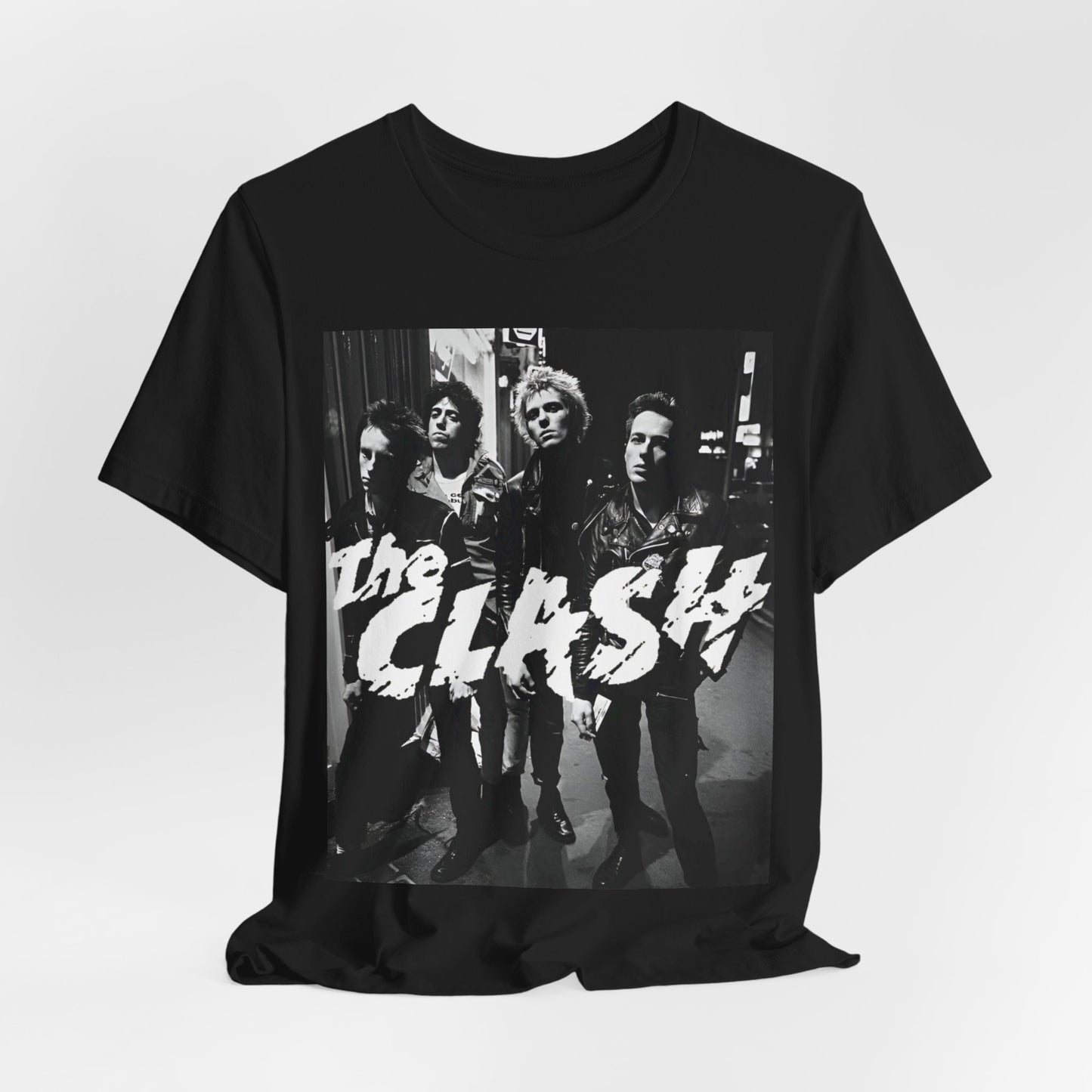 A black graphic t-shirt featuring a graphic related to The Clash's 'London Calling' album era.