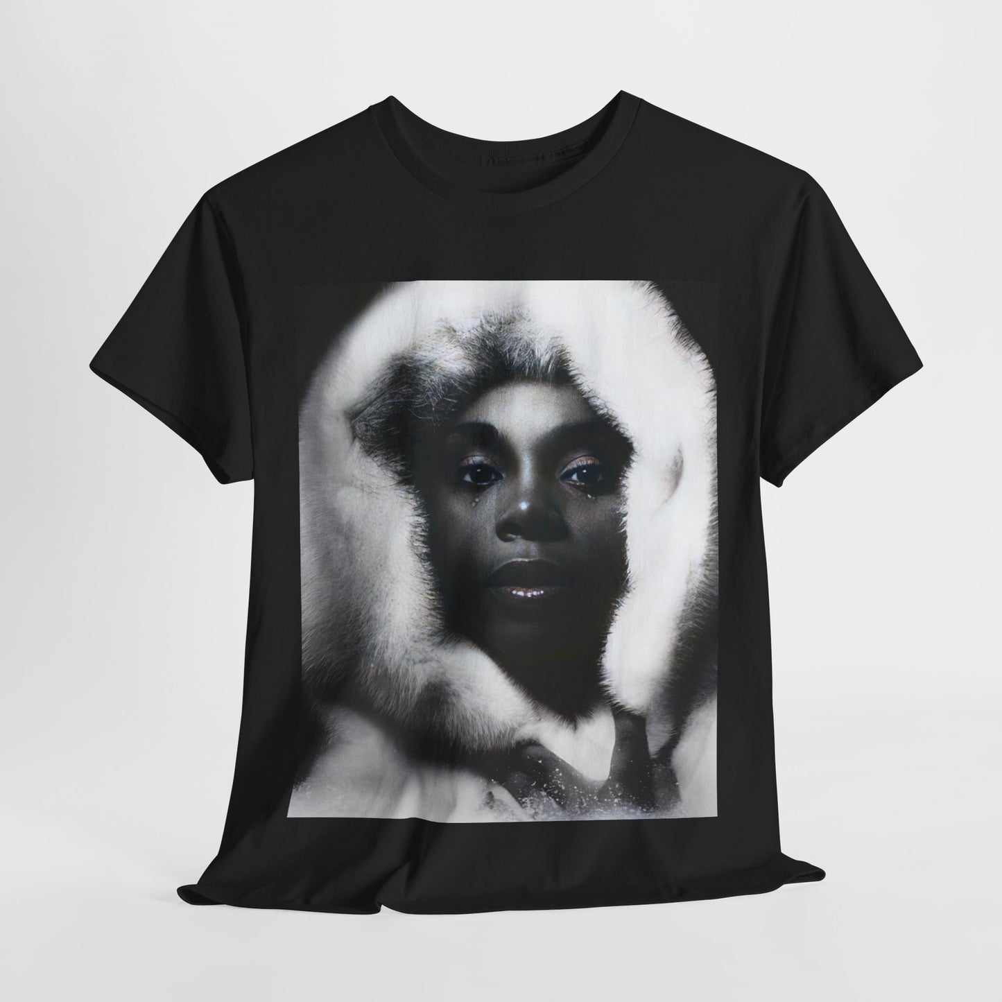 A black graphic t-shirt featuring a black and white, monochrome graphic or portrait of Donna Summer.