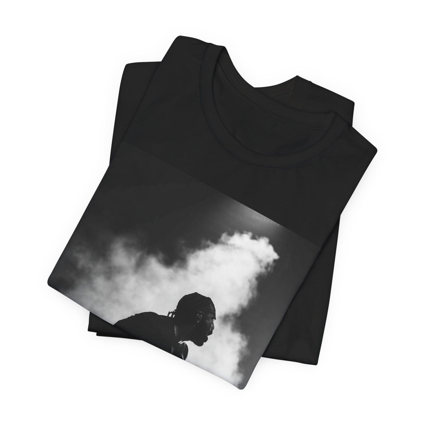 A black graphic t-shirt featuring a timeless black and white graphic or photo portrait of Drake.
