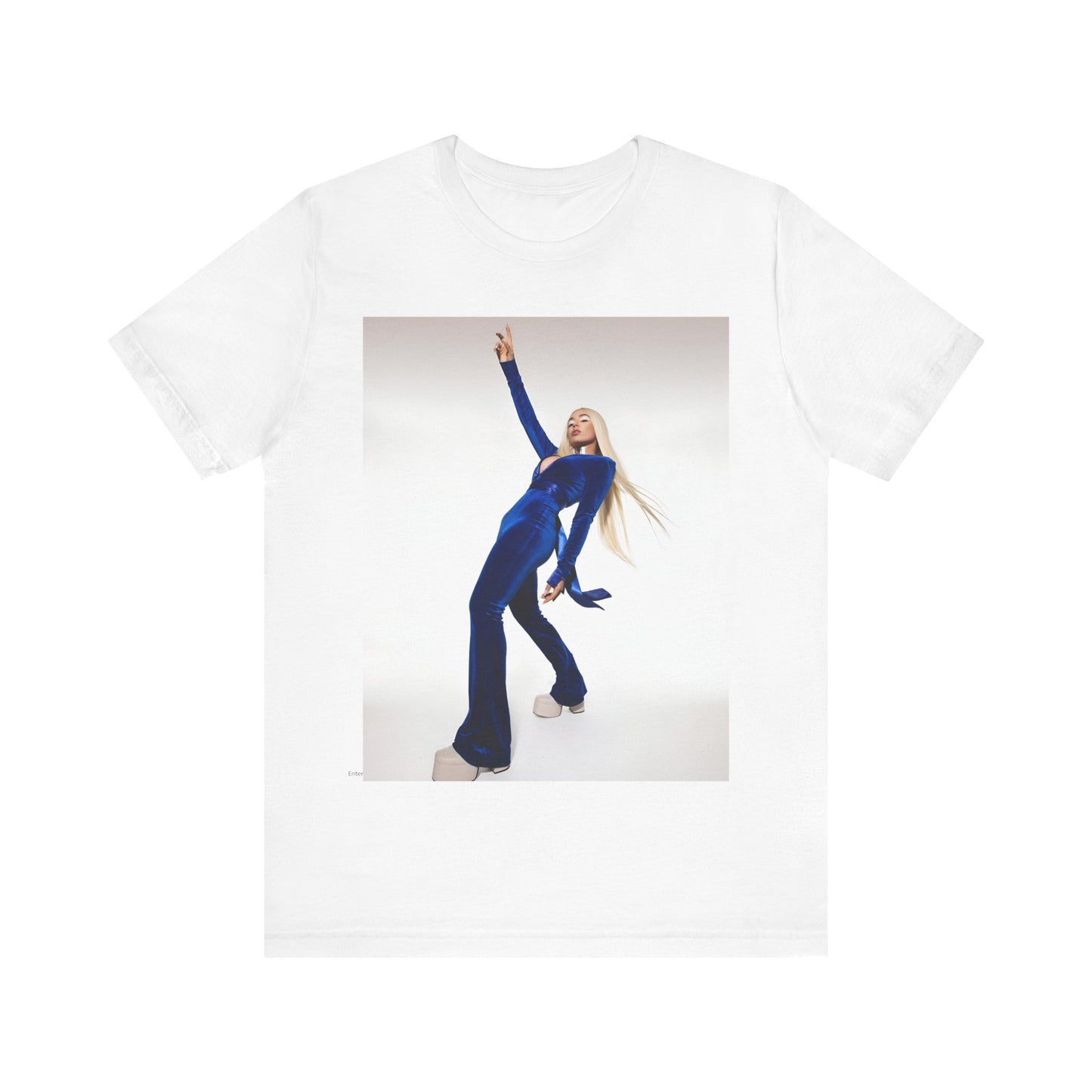A black graphic t-shirt featuring Ava Max in a blue jumpsuit, in a graphic or photo style.