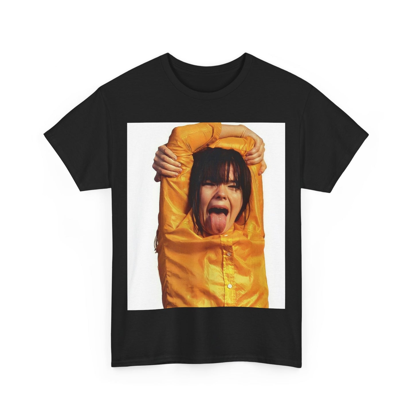A black graphic t-shirt featuring a photo of Bjork with her tongue playfully sticking out.