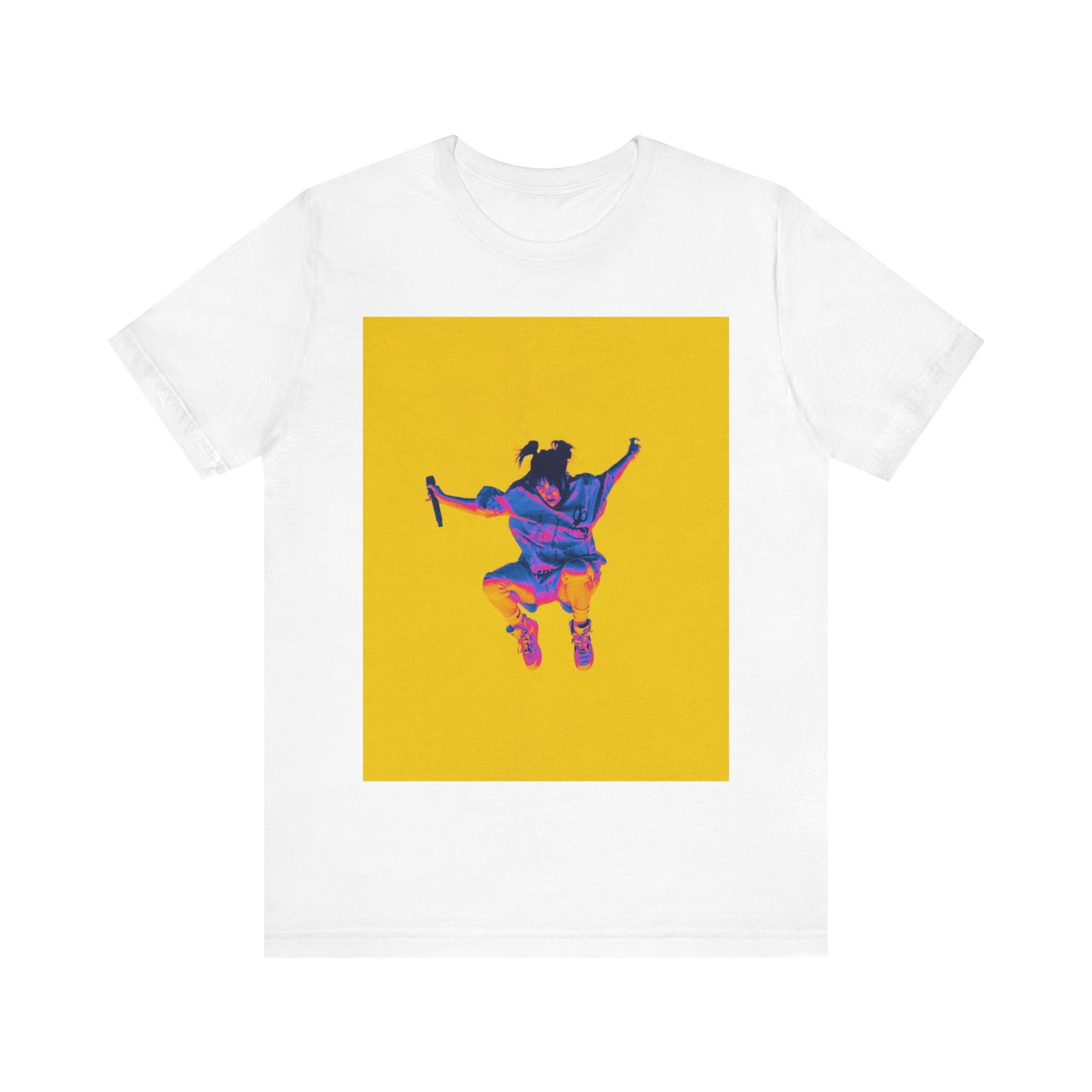 A stylized graphic of Billie Eilish jumping in the air with a microphone, rendered with psychedelic thermal colors against a solid yellow background.