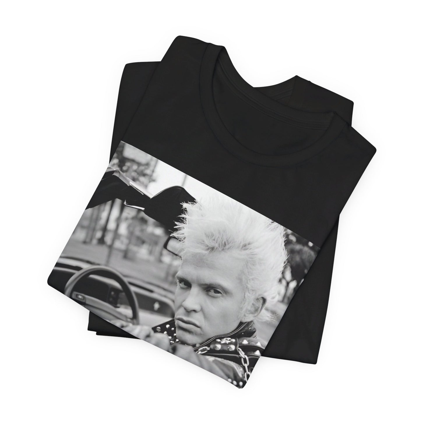 A black graphic t-shirt featuring a graphic of Billy Idol in a classic 80s punk rock pose.