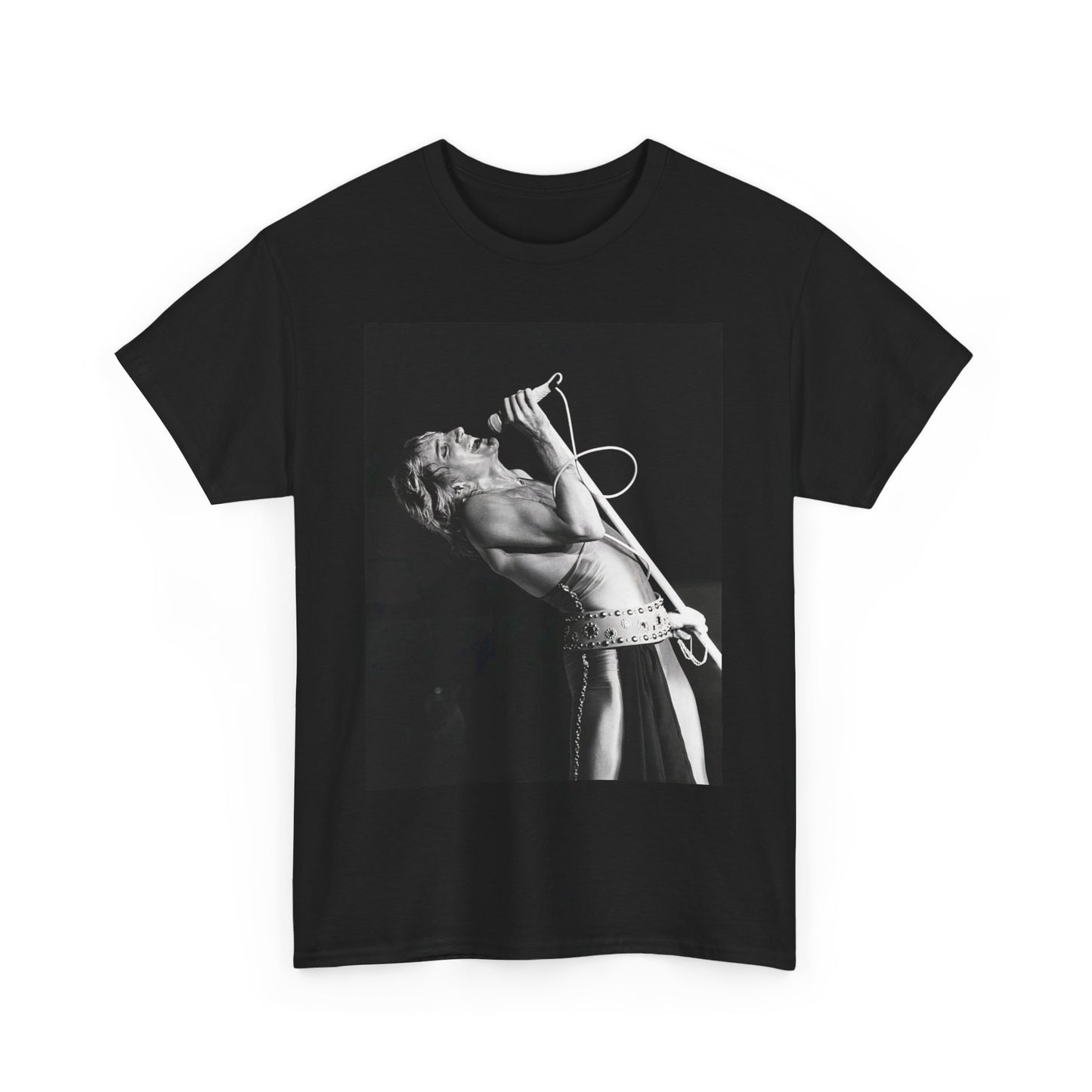 A black graphic t-shirt featuring a bold black and white graphic of Rod Stewart as a rock superstar.