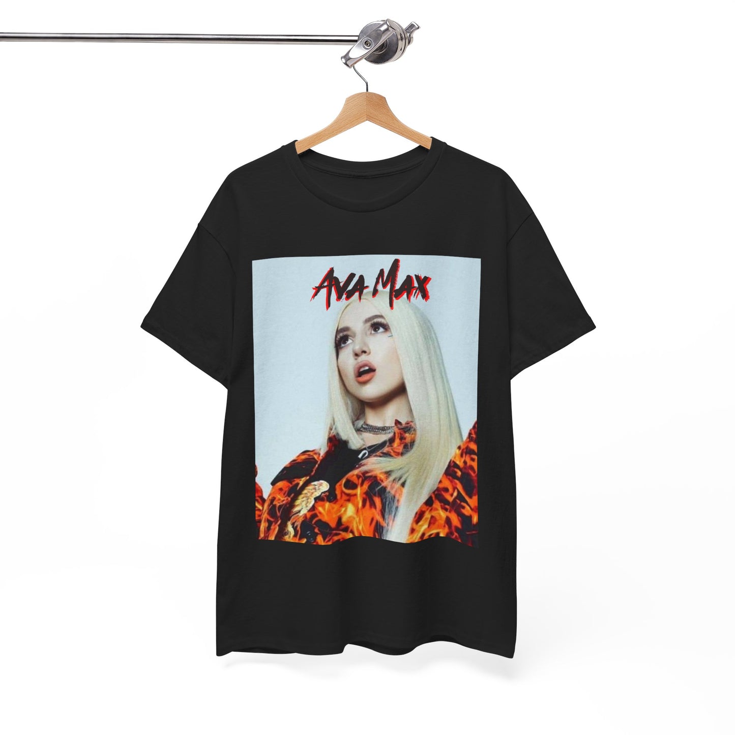 A black graphic t-shirt featuring a dynamic and 'hot' graphic of Ava Max, emphasizing her energetic pop star persona.