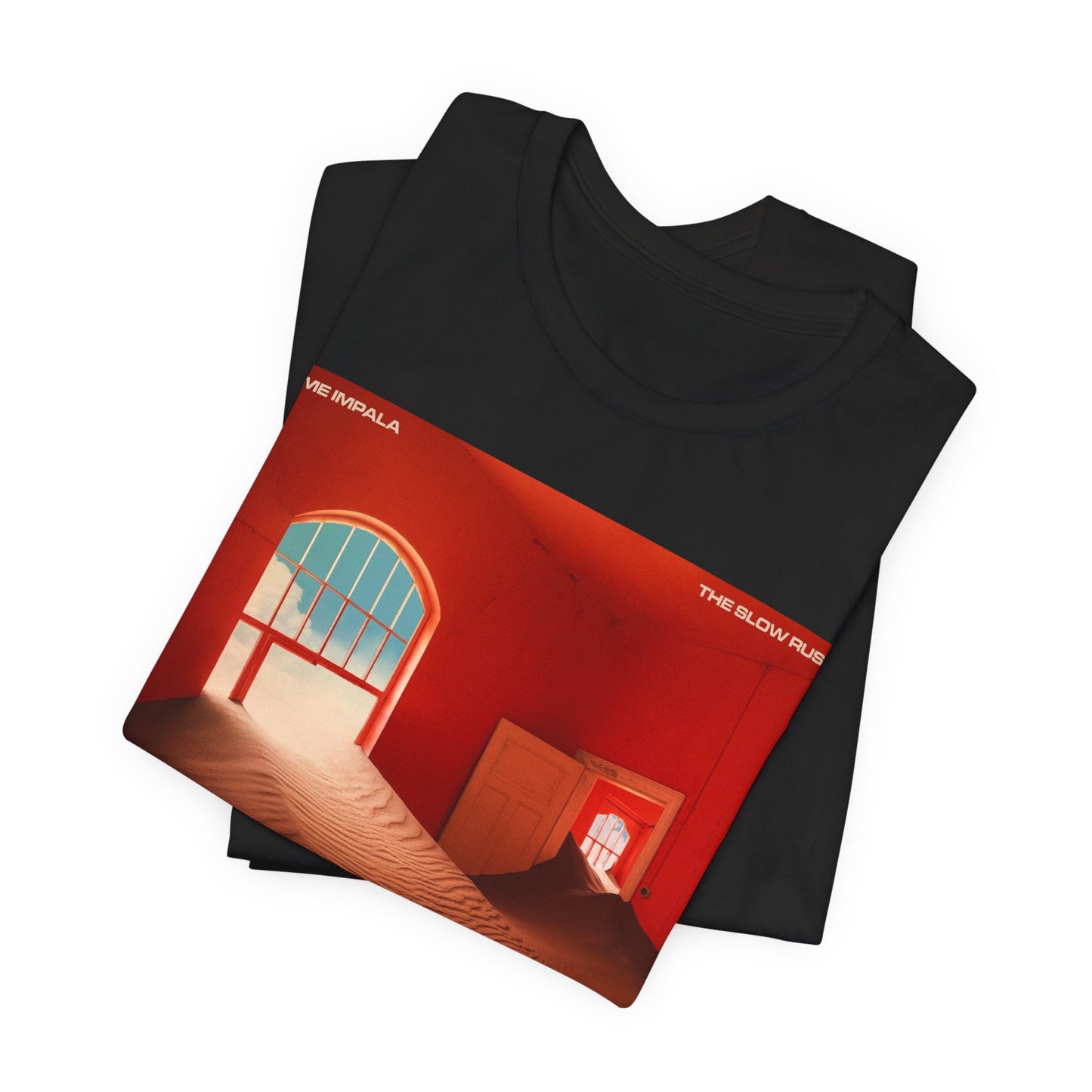 A black graphic t-shirt featuring a graphic related to Tame Impala's 'The Slow Rush' album.