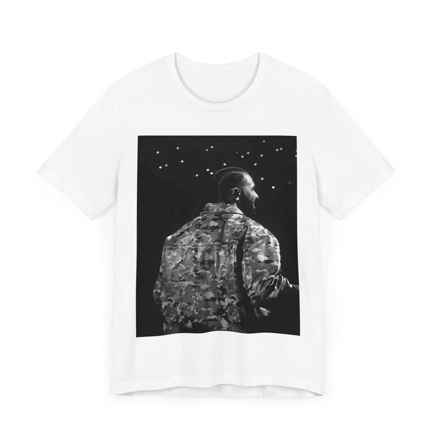 A black graphic t-shirt featuring a black and white graphic or photo of Drake performing live on stage.