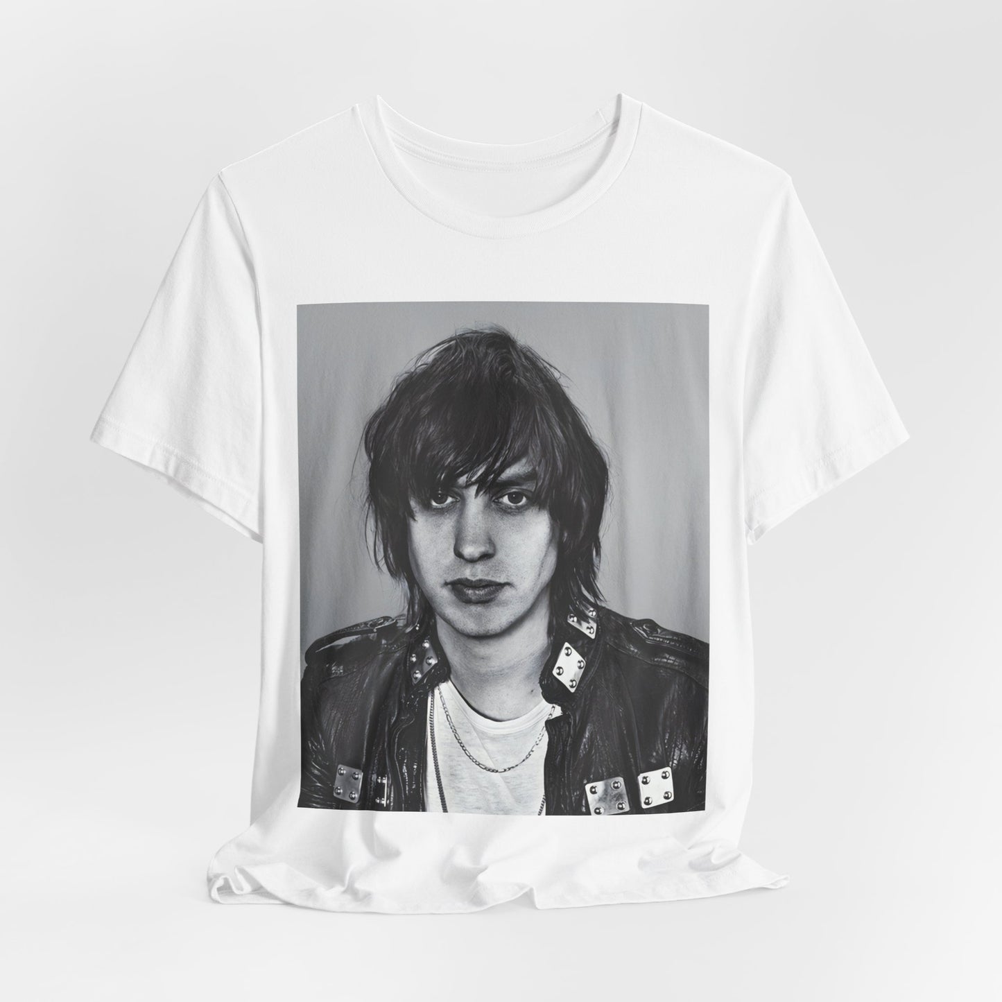 A black graphic t-shirt featuring a portrait photo of Julian Casablancas from The Strokes.