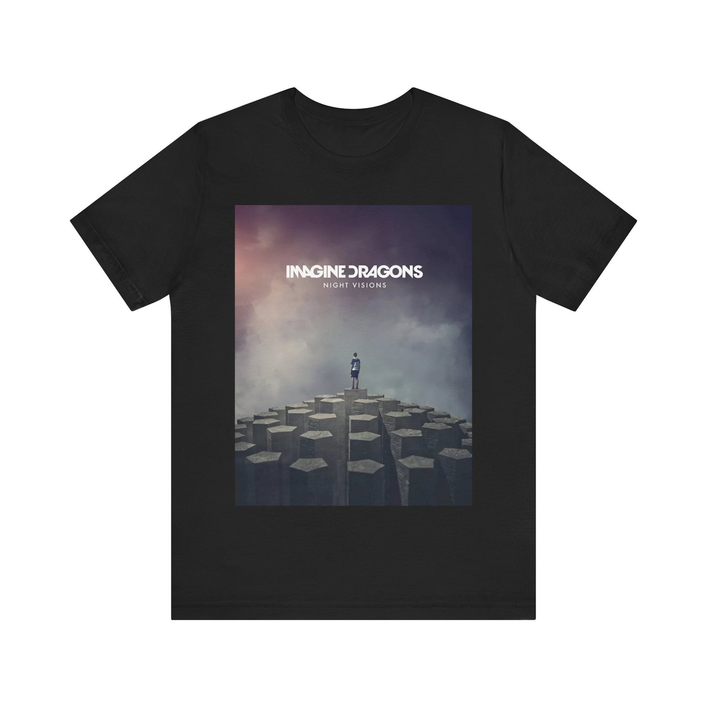 A black graphic t-shirt featuring a graphic related to Imagine Dragons' 'Night Visions' album.