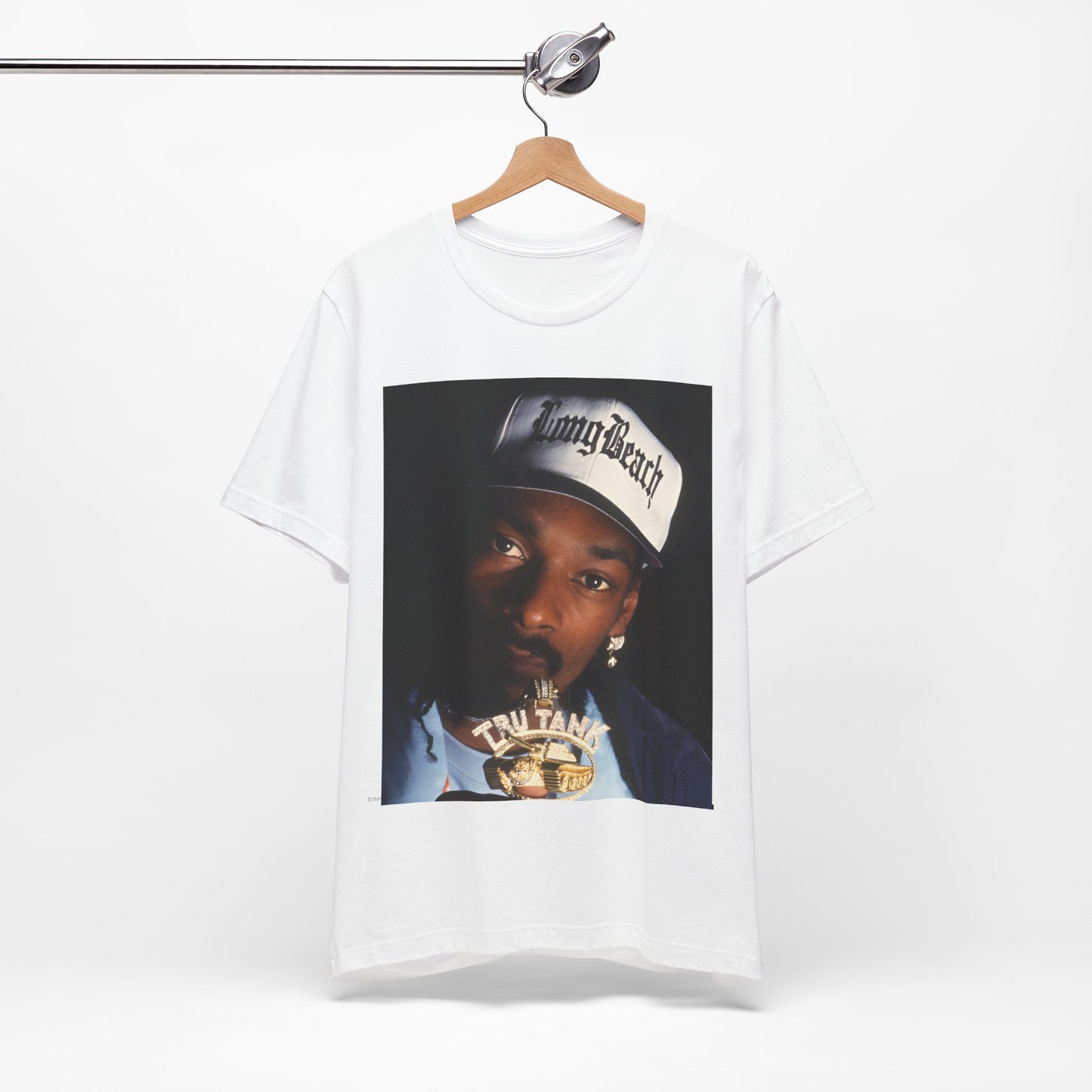 A black graphic t-shirt featuring a graphic of Snoop Dogg as a powerhouse OG rapper.