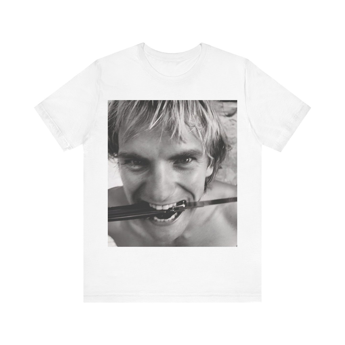 A black graphic t-shirt featuring a wild photo graphic of Sting.