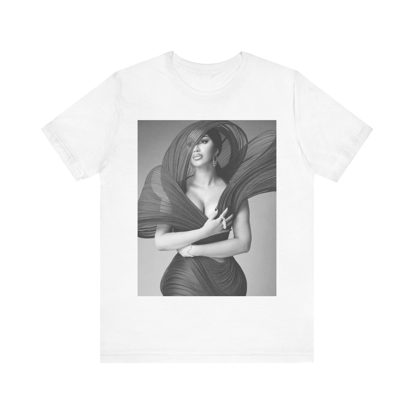A black graphic t-shirt featuring a black and white graphic of Cardi B, emphasizing her 'Bronx Princess' or rap icon status.