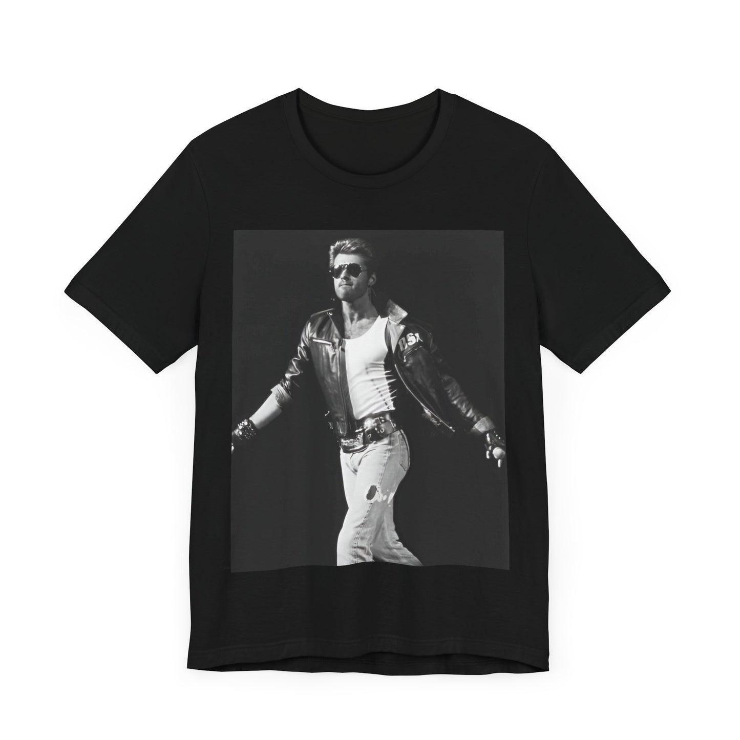 A black graphic t-shirt featuring a retro black and white monochrome graphic or photo of George Michael.