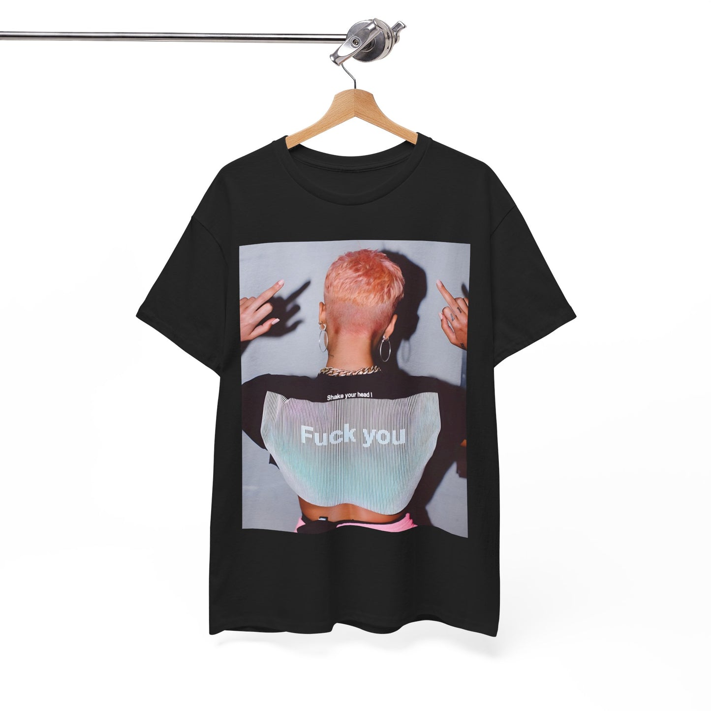 A black graphic t-shirt featuring a graphic of Halsey with text or imagery conveying "Fuck You."