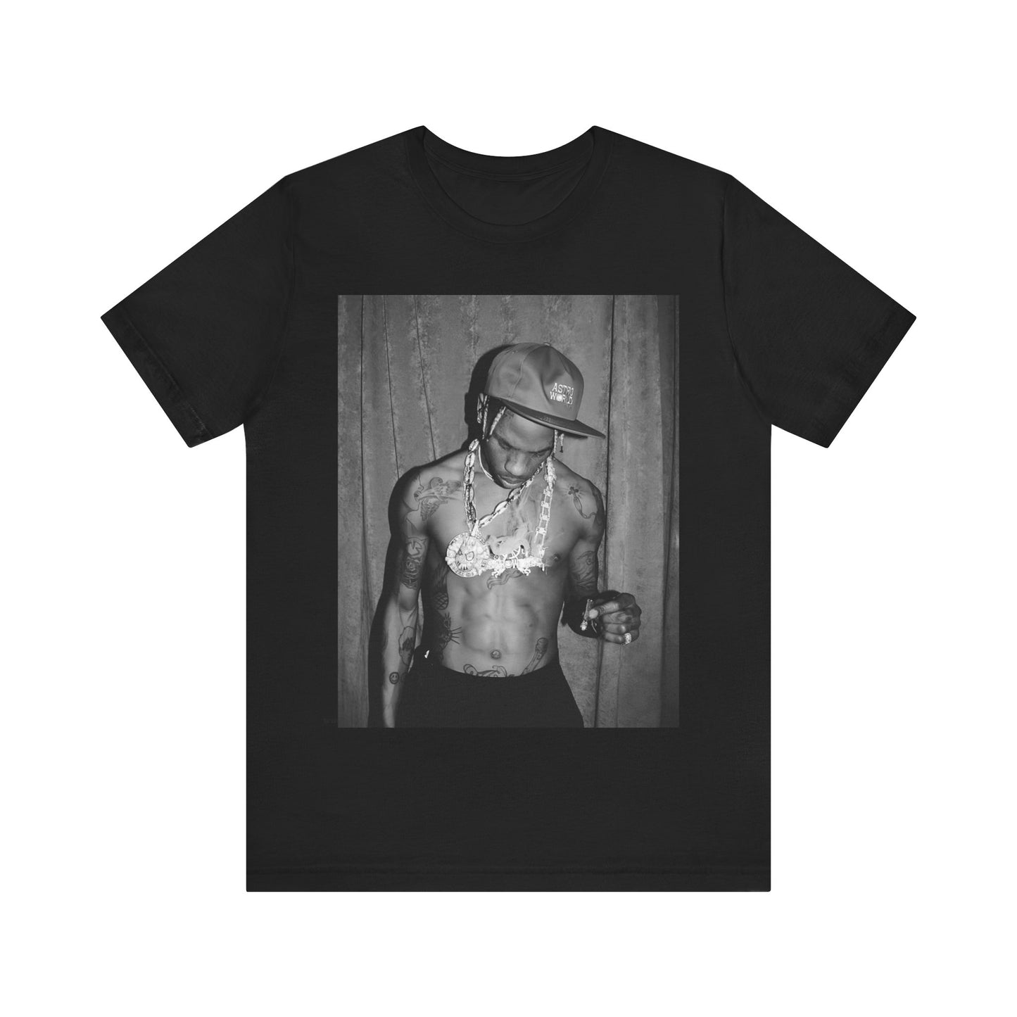 A black graphic t-shirt featuring a graphic of Travis Scott as the Houston rap king.