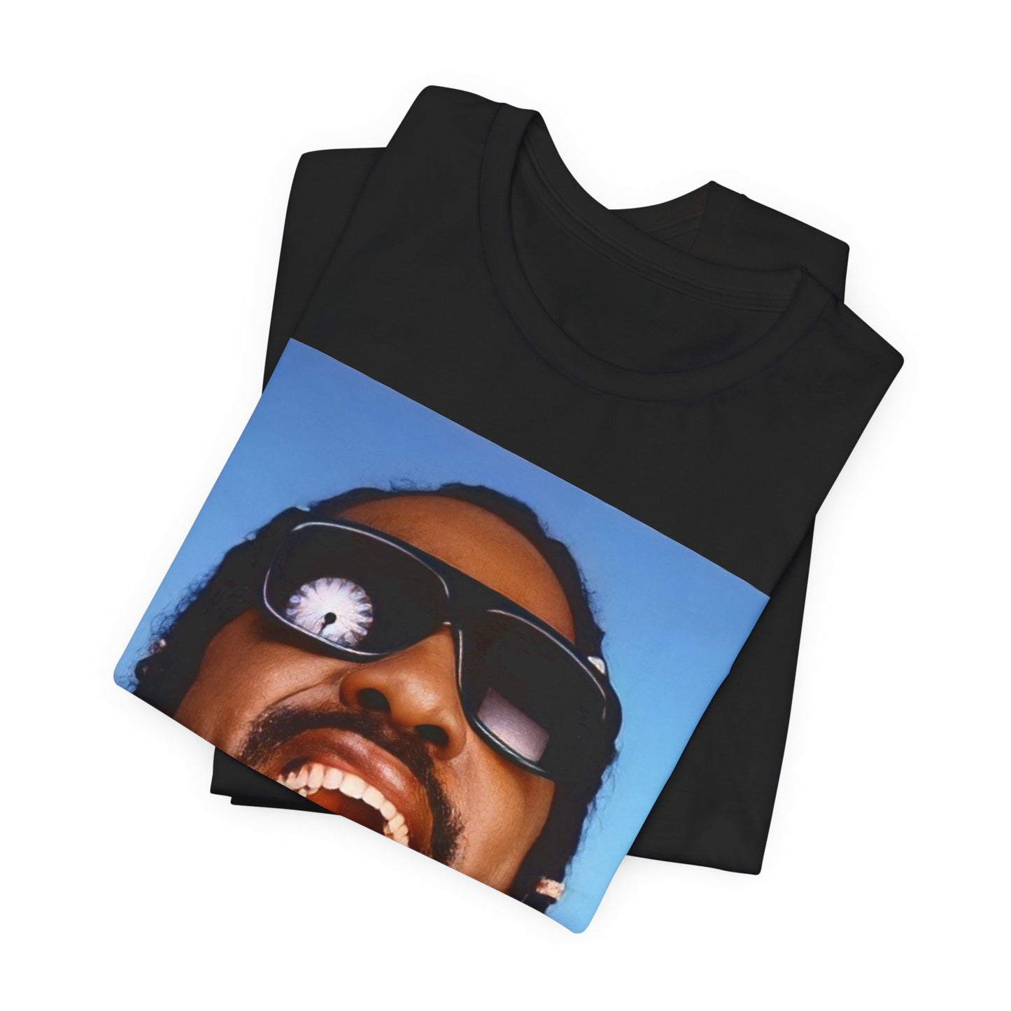 A black graphic t-shirt featuring a bold soul superstar graphic of Stevie Wonder.