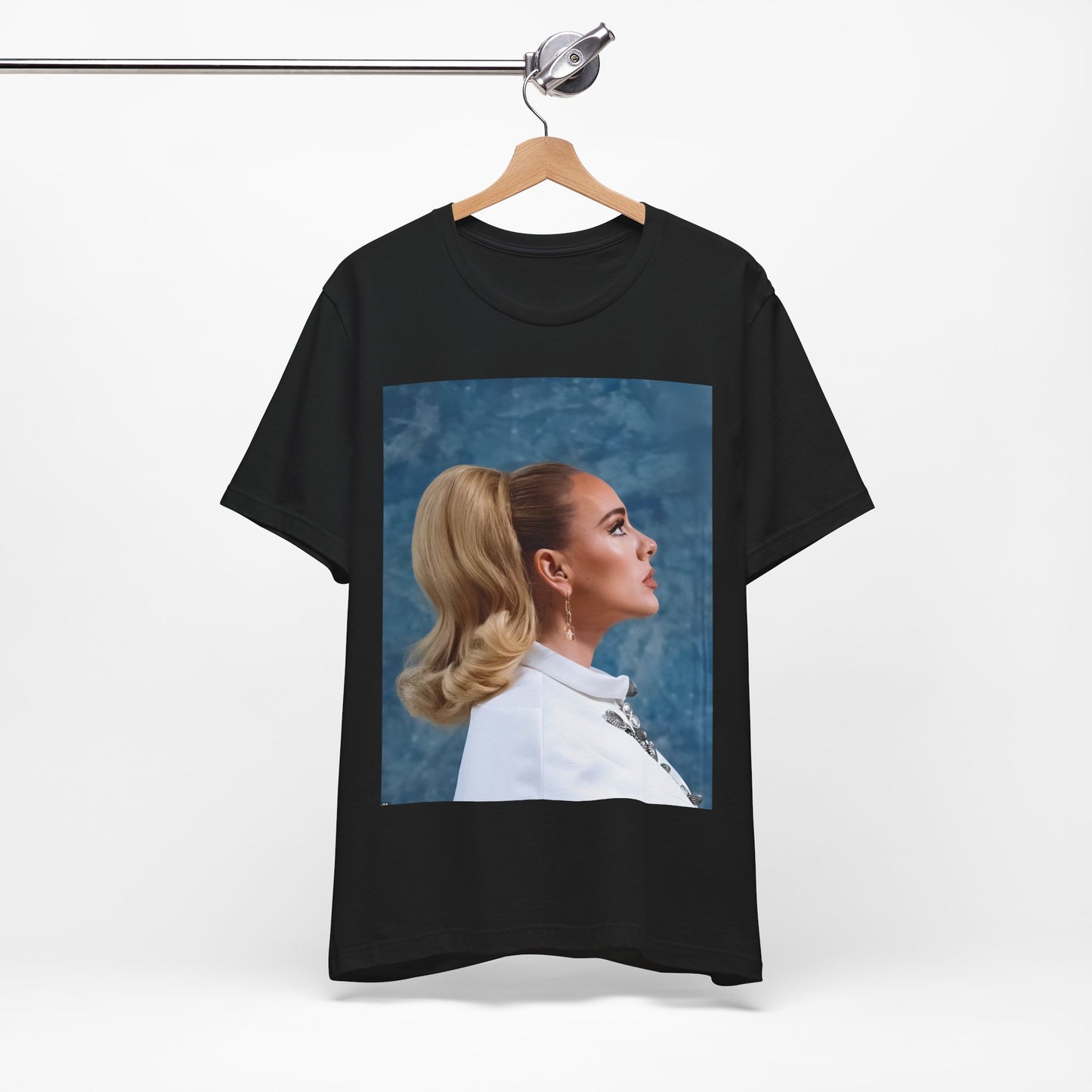 A black graphic t-shirt featuring a black and white photo of Adele in a vintage glamorous look, with classic hair and makeup.