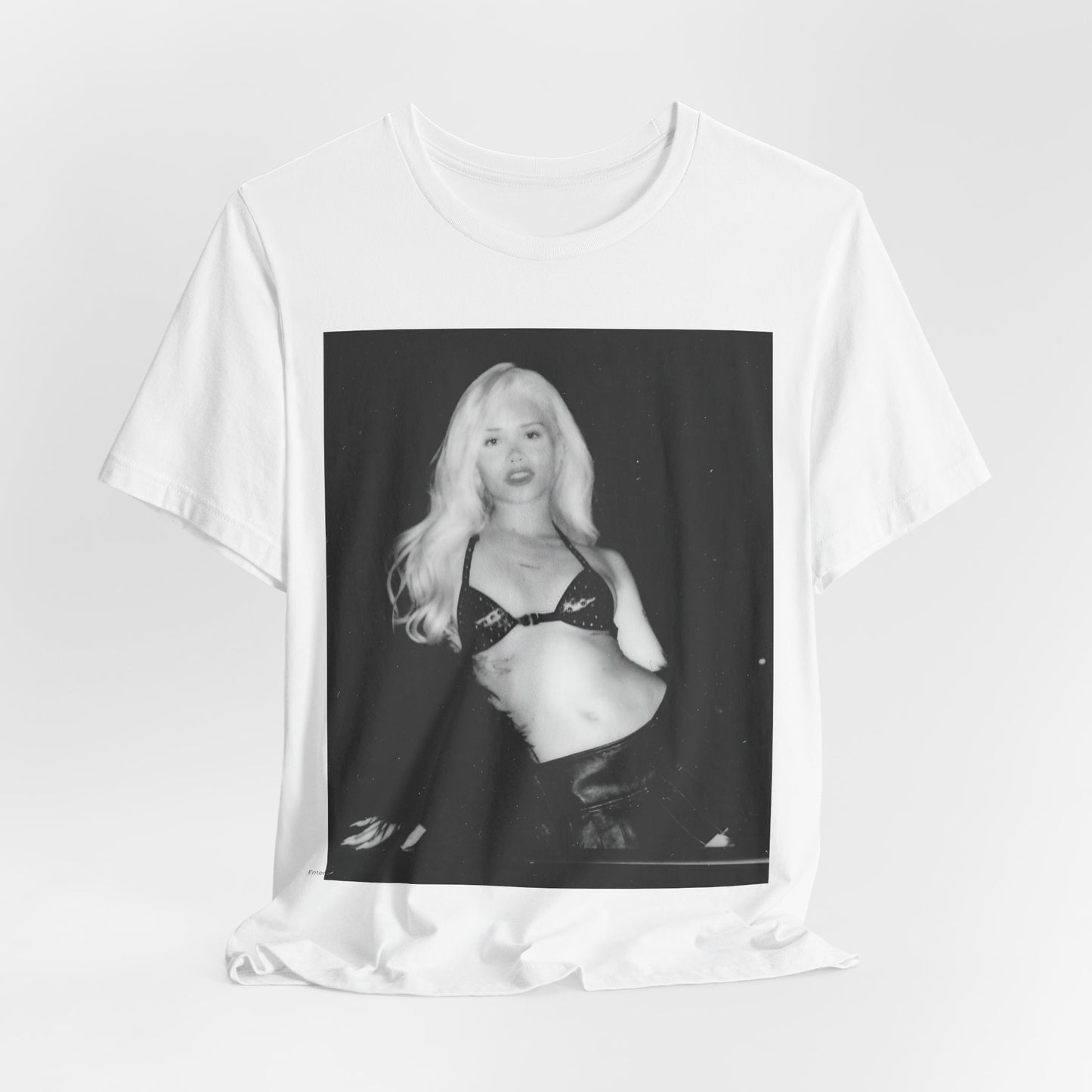 A black graphic t-shirt featuring a black and white portrait photo of Nessa Barrett.