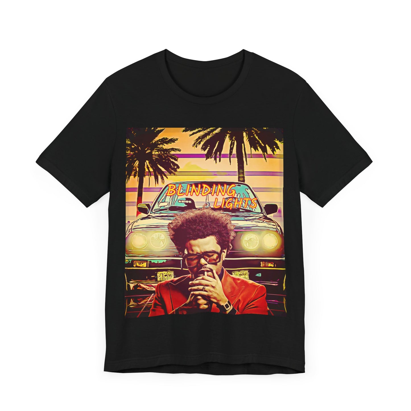 A black graphic t-shirt featuring a graphic related to The Weeknd's 'Blinding Lights' song.