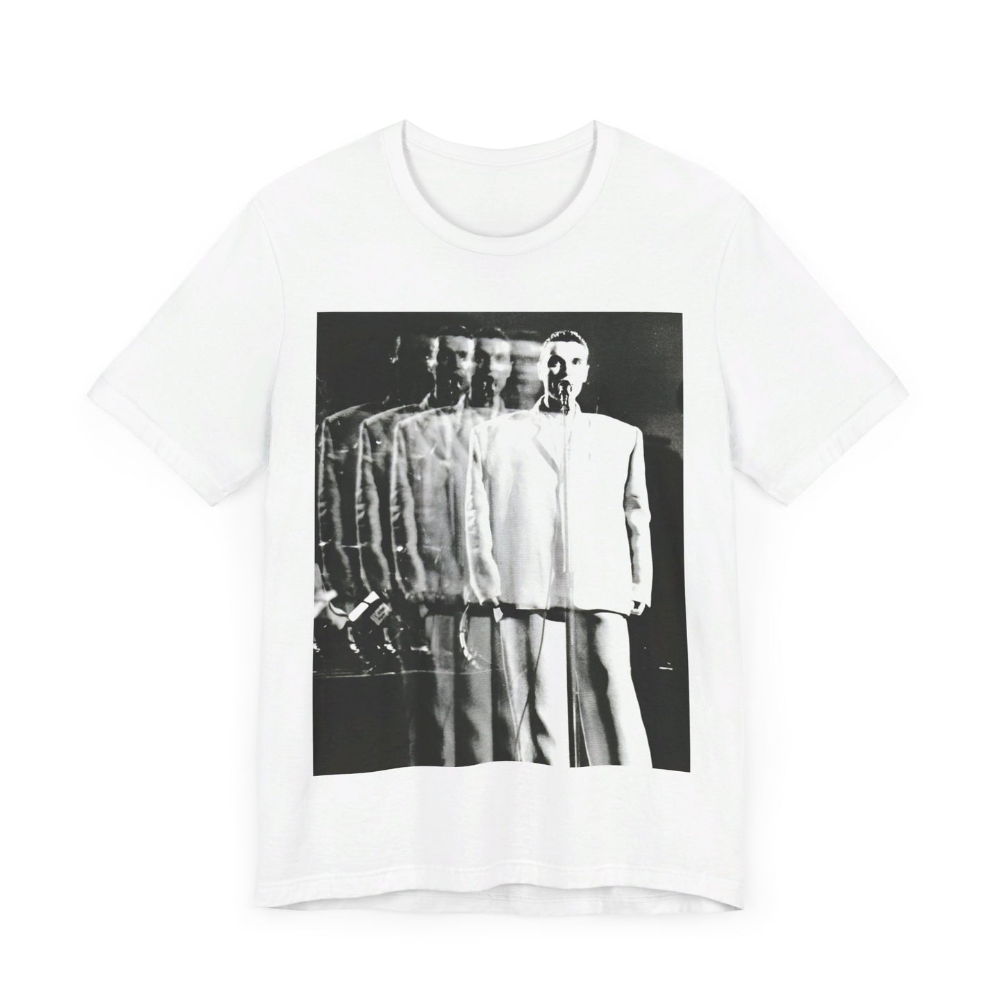 A black graphic t-shirt featuring a graphic of David Byrne from Talking Heads in his iconic 'big suit'.