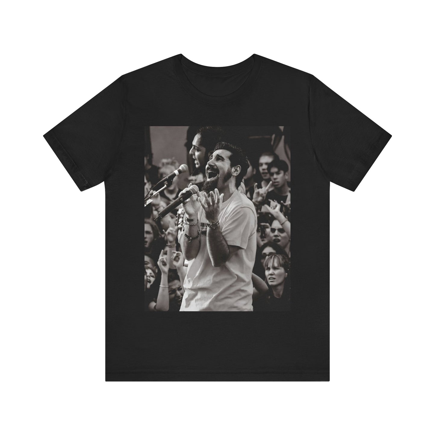 A black graphic t-shirt featuring a black and white portrait photo of Serj Tankian from System of a Down.