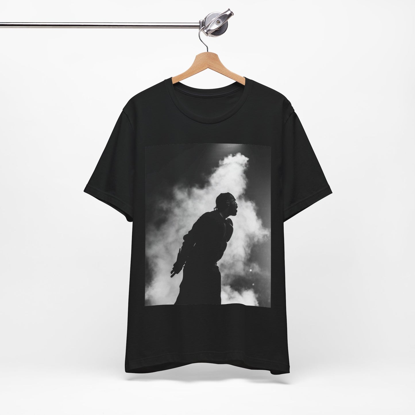 A black graphic t-shirt featuring a timeless black and white graphic or photo portrait of Drake.