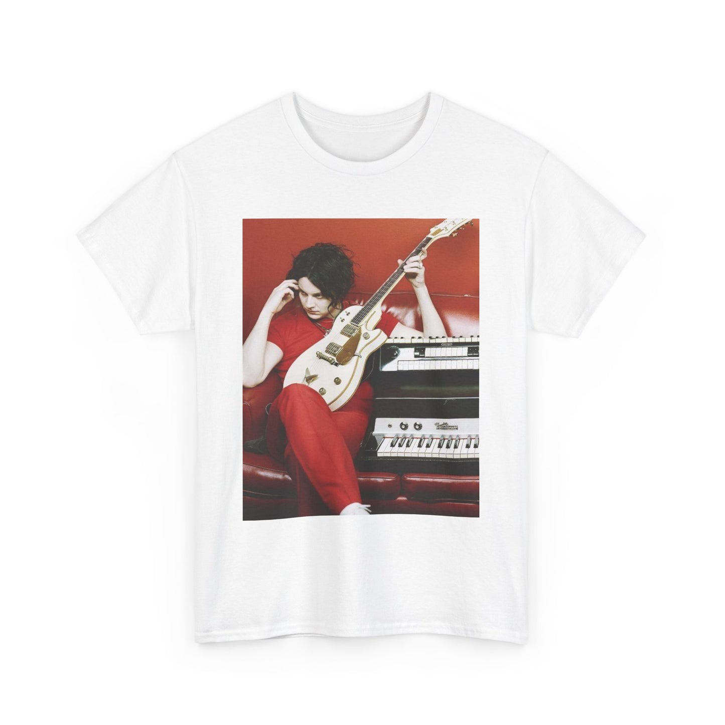 A black graphic t-shirt featuring a retro graphic of The White Stripes with a garage rock aesthetic.