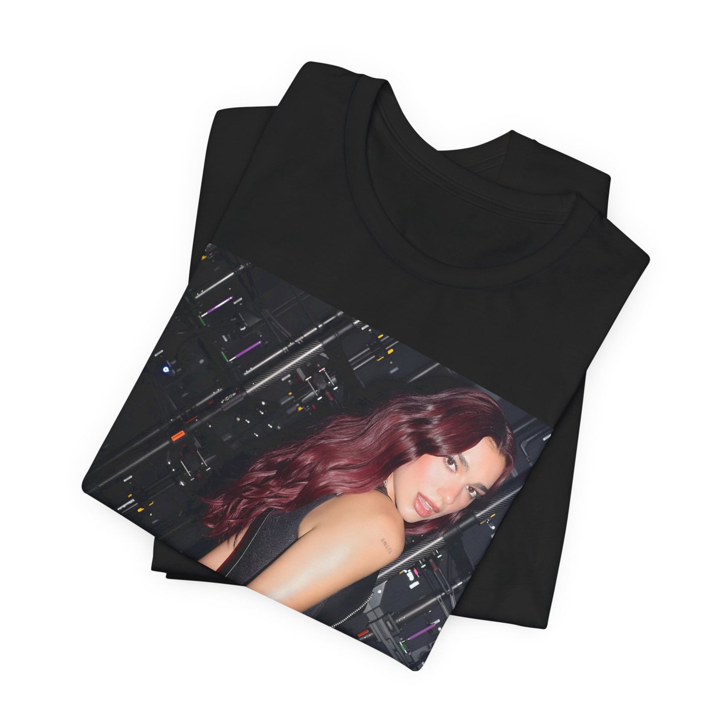 A black graphic t-shirt featuring a graphic related to Dua Lipa's "Houdini" new era.